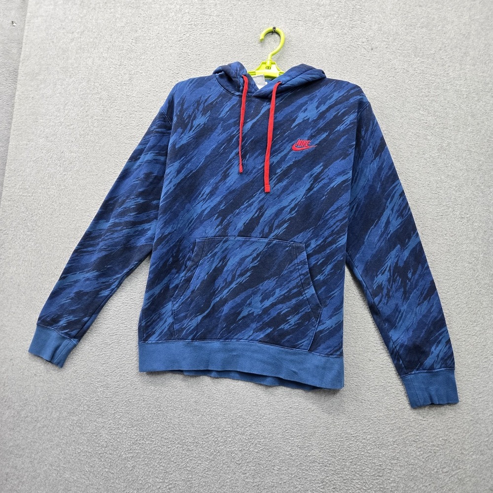 Nike Men Hoodie M Blue Club Fleece Embroidered Camouflage Pullover
